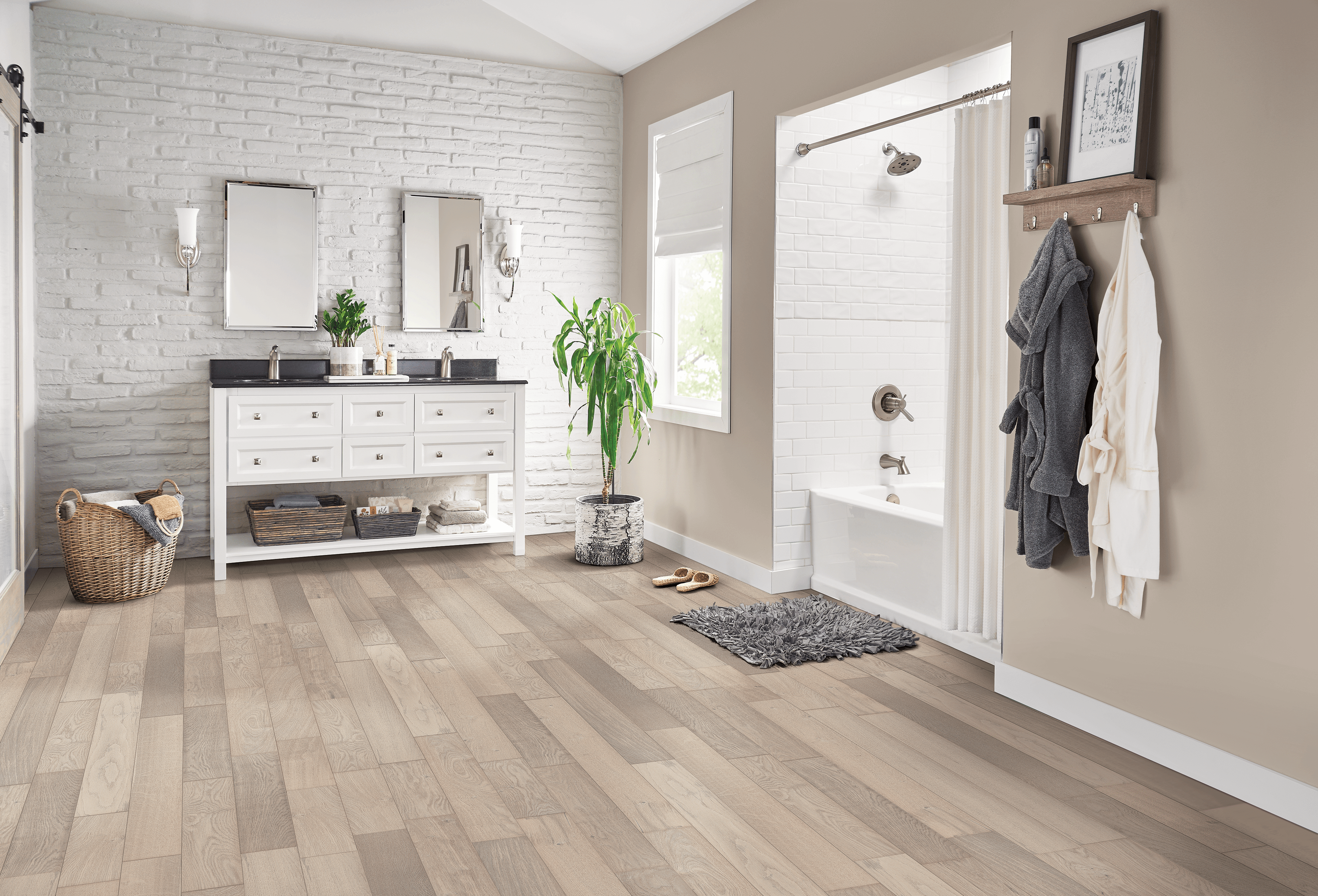 Hydropel Oak Engineered - Parchment Spacious, light colored bathroom featuring hydropel oak engineered hardwood flooring from Bruce