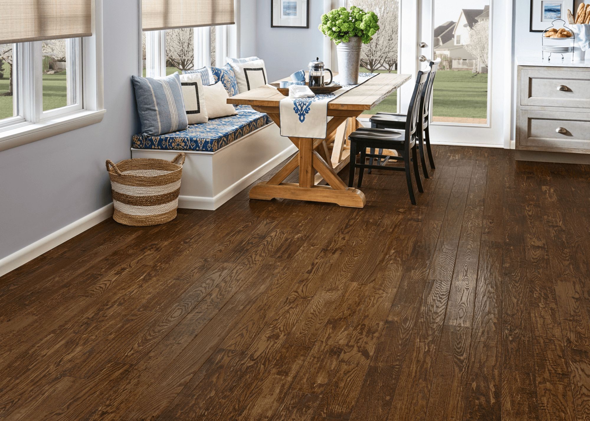 Signature Scrape Oak Solid - Forest Land Dinette area with views into a neighborhood featuring hand-scraped oak hardwood flooring