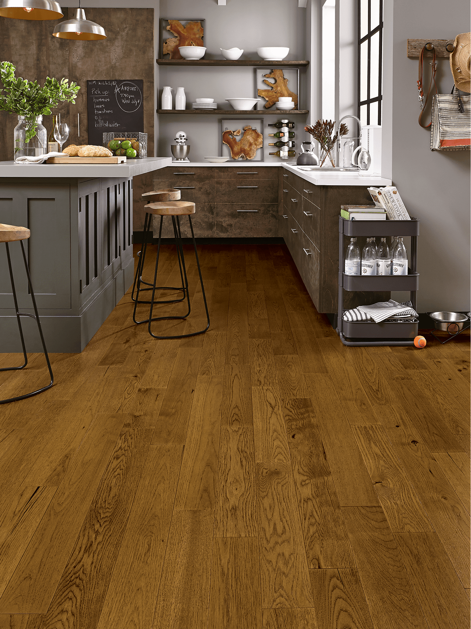 Brushed Impressions Hickory Engineered - Deep Etched Haystack Kitchen island, cabinets, and sink with wire-brushed hickory engineered hardwood from Bruce